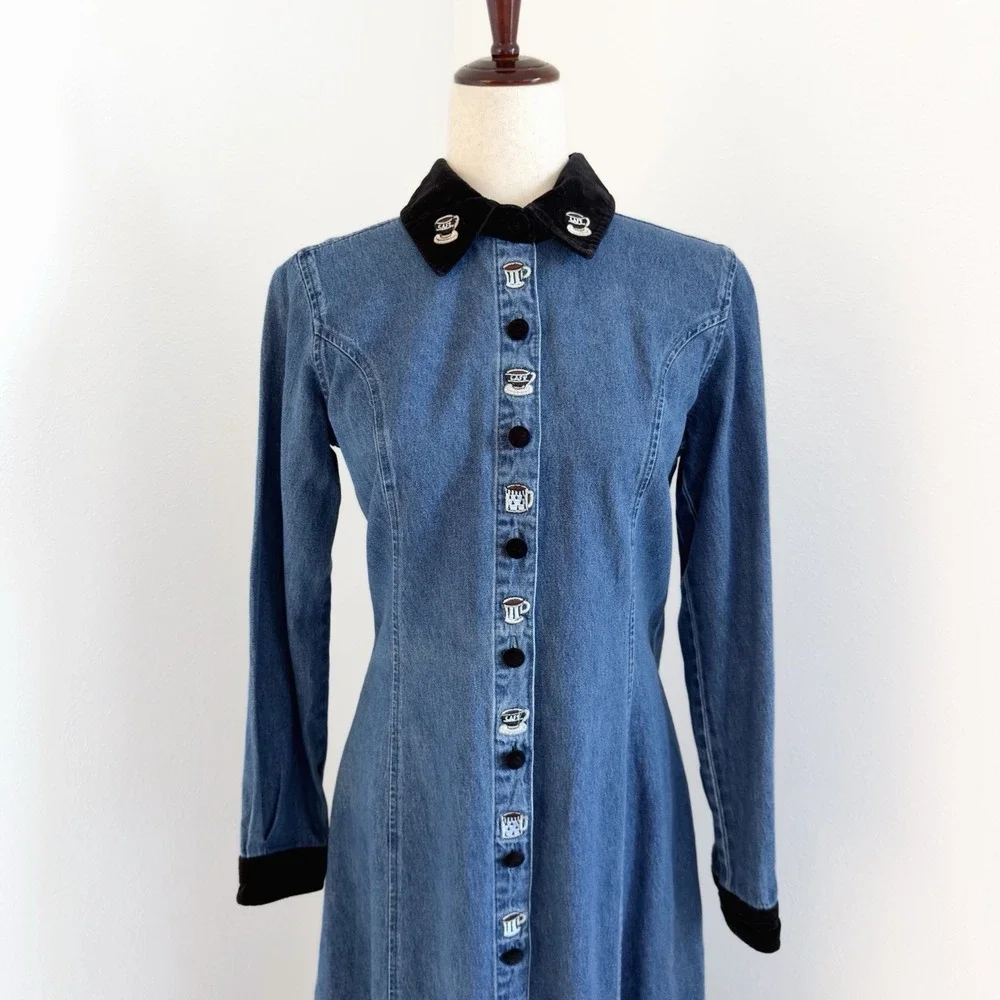VTG Sophia Rose Denim Dress Size 8 Velvet Trim Blue Embroidered Coffee Friends